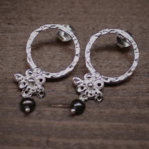 Flower and garnet hoop earrings